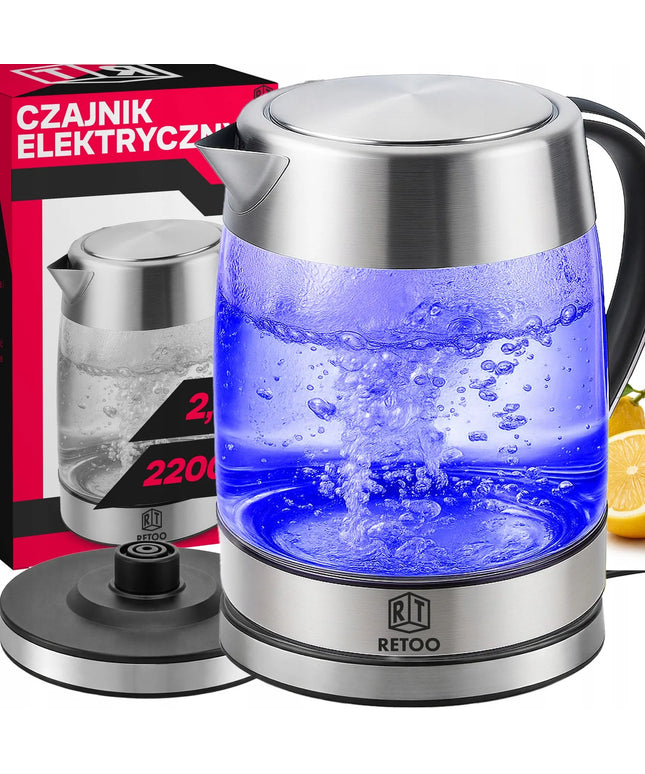 RETOO elektrinis stiklinis belaidis virdulys, 1,7 l, LED apšvietimas, 2200 W, plieninis