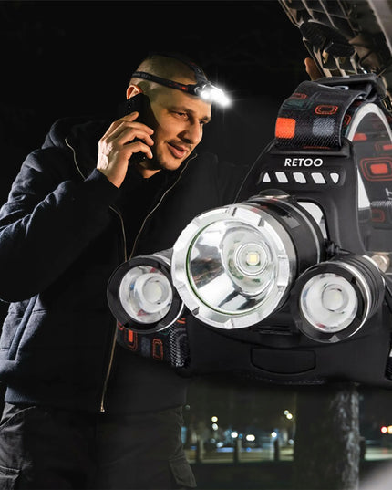 RETOO galinga galvos žibintuvėlis su 3 LED diodais
