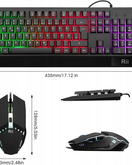Rii RK400 žaidimų klaviatūra ir pelė, RGB apšvietimas, laidinis rinkinys, QWERTZ