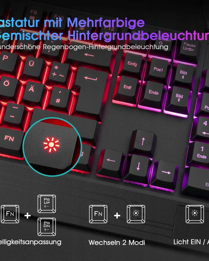Rii RK400 žaidimų klaviatūra ir pelė, RGB apšvietimas, laidinis rinkinys, QWERTZ