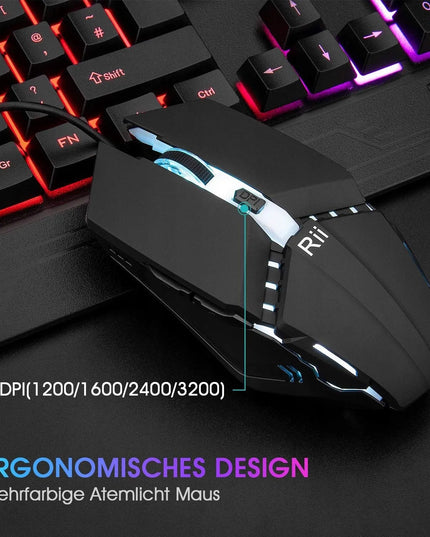 Rii RK400 žaidimų klaviatūra ir pelė, RGB apšvietimas, laidinis rinkinys, QWERTZ