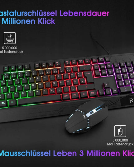 Rii RK400 žaidimų klaviatūra ir pelė, RGB apšvietimas, laidinis rinkinys, QWERTZ