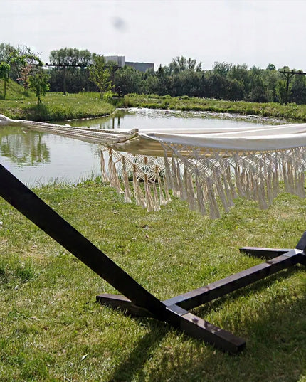 Rinkinys: stovo konstrukcija + 2 vietų hamakas BOHO ECRU, nešiojamas komplektas COMFORT ZONE 200 kg