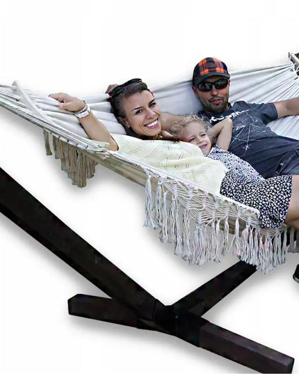 Rinkinys: stovo konstrukcija + 2 vietų hamakas BOHO ECRU, nešiojamas komplektas COMFORT ZONE 200 kg