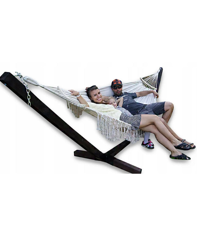 Rinkinys: stovo konstrukcija + 2 vietų hamakas BOHO ECRU, nešiojamas komplektas COMFORT ZONE 200 kg