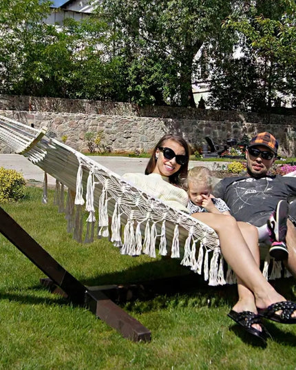 Rinkinys: stovo konstrukcija + 2 vietų hamakas BOHO ECRU, nešiojamas komplektas COMFORT ZONE 200 kg