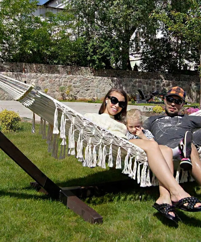 Rinkinys: stovo konstrukcija + 2 vietų hamakas BOHO ECRU, nešiojamas komplektas COMFORT ZONE 200 kg