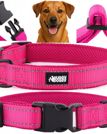 Rožinis šviesą atspindintis antkaklis dideliam šuniui HUGGY DOGGY reguliuojamas L