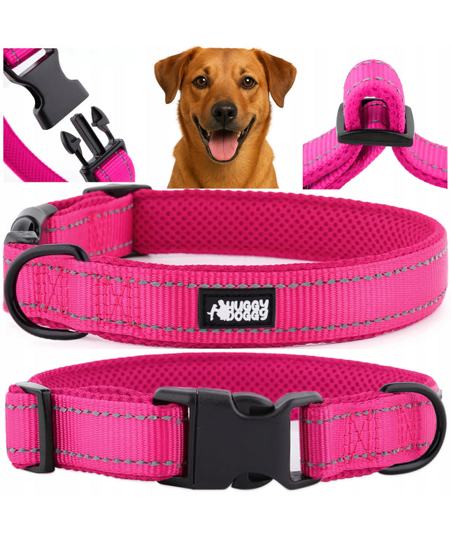 Rožinis šviesą atspindintis antkaklis dideliam šuniui HUGGY DOGGY reguliuojamas L