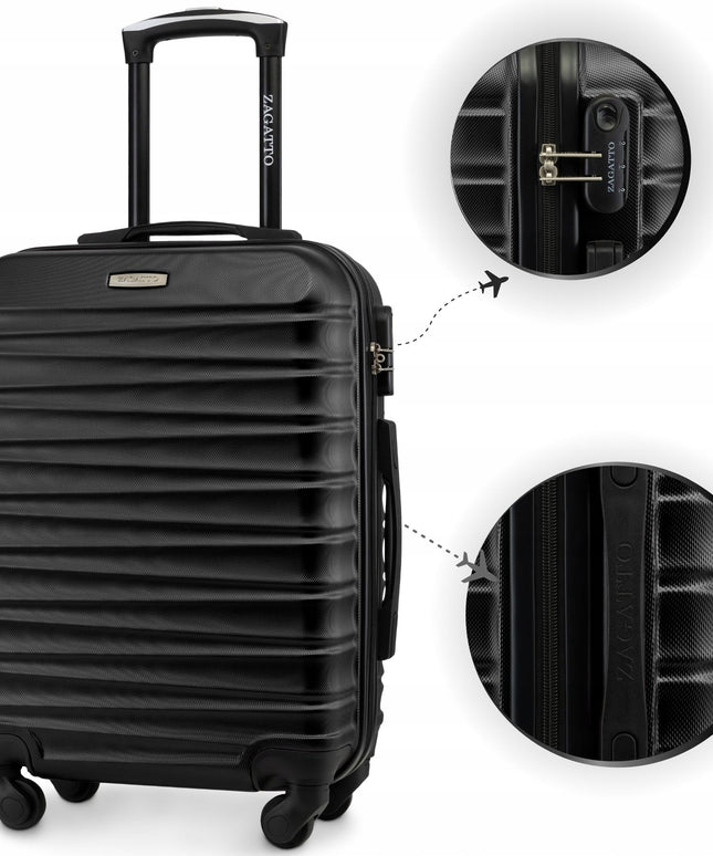 Lagaminas Ryanair rankinis bagažas 55x40x20 cm su ratukais 4 varantys ABS kietas kelioninis lagaminas juodas Zagatto ZG501