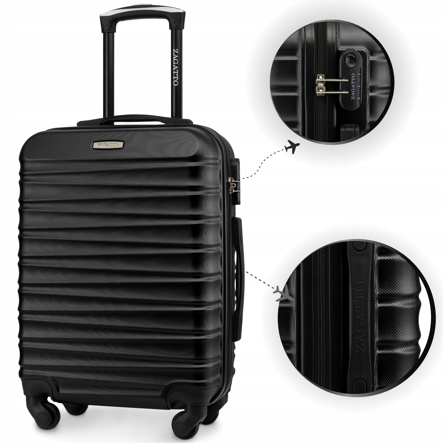Lagaminas Ryanair rankinis bagažas 55x40x20 cm su ratukais 4 varantys ABS kietas kelioninis lagaminas juodas Zagatto ZG501