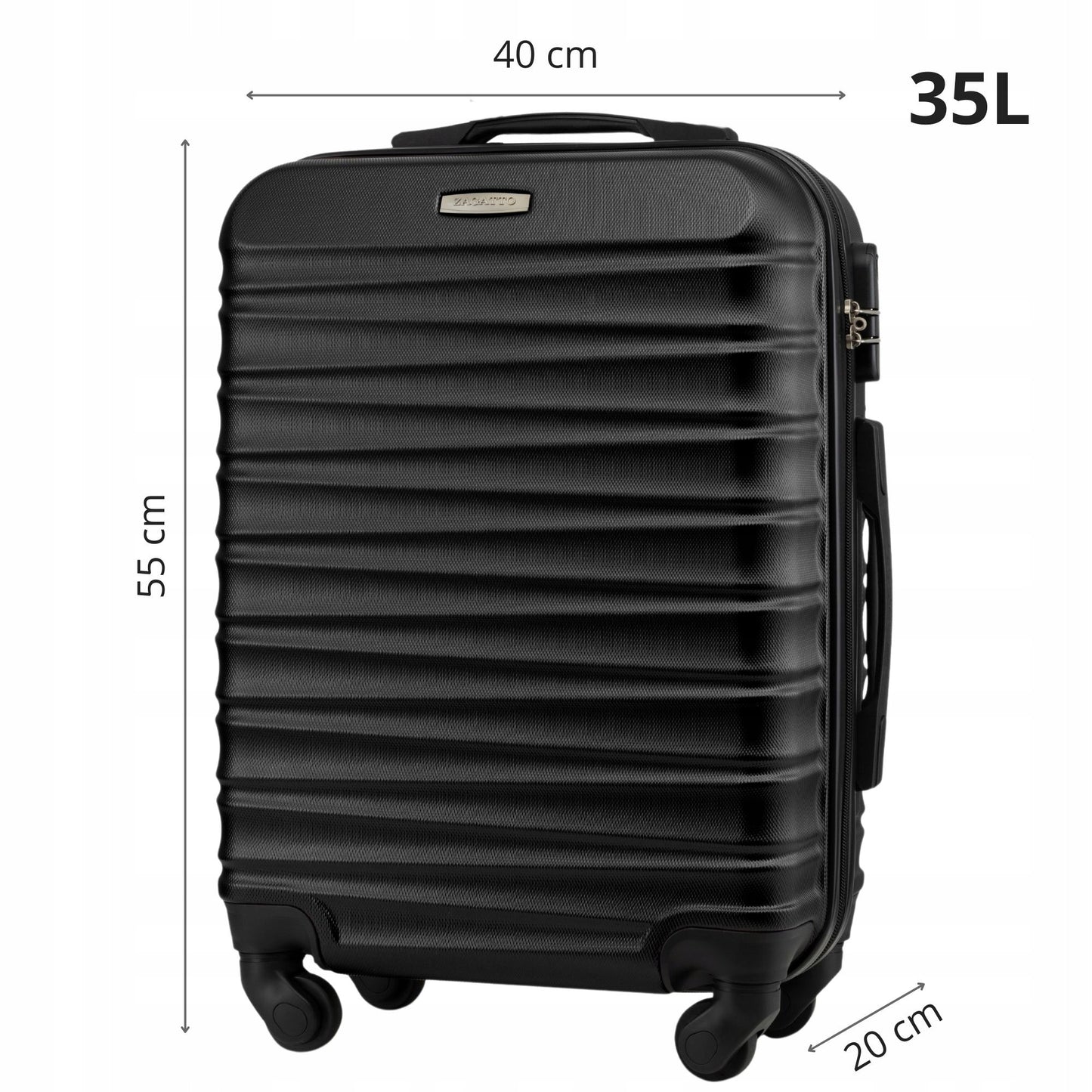 Lagaminas Ryanair rankinis bagažas 55x40x20 cm su ratukais 4 varantys ABS kietas kelioninis lagaminas juodas Zagatto ZG501