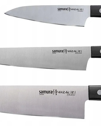 Samura Harakiri 3 virtuvinių peilių rinkinys: šefo peilis 208 mm, universalus peilis 150 mm, skutimo peilis 99 mm