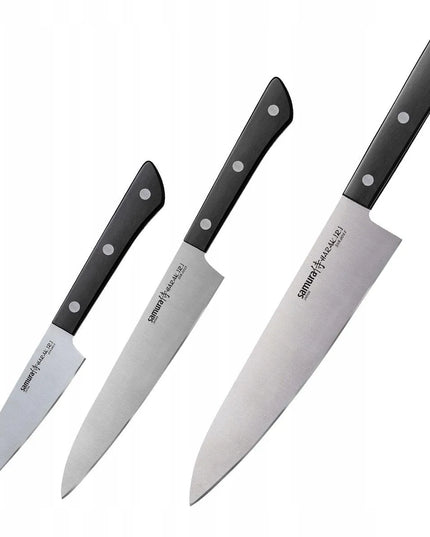 Samura Harakiri 3 virtuvinių peilių rinkinys: šefo peilis 208 mm, universalus peilis 150 mm, skutimo peilis 99 mm