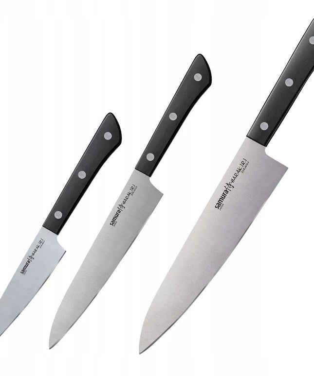 Samura Harakiri 3 virtuvinių peilių rinkinys: šefo peilis 208 mm, universalus peilis 150 mm, skutimo peilis 99 mm