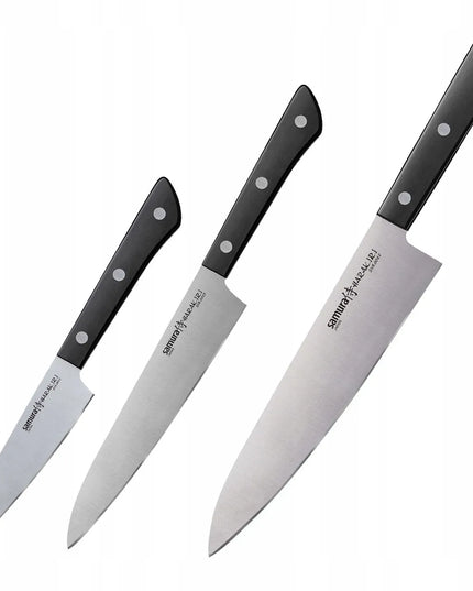 Samura Harakiri 3 virtuvinių peilių rinkinys: šefo peilis 208 mm, universalus peilis 150 mm, skutimo peilis 99 mm