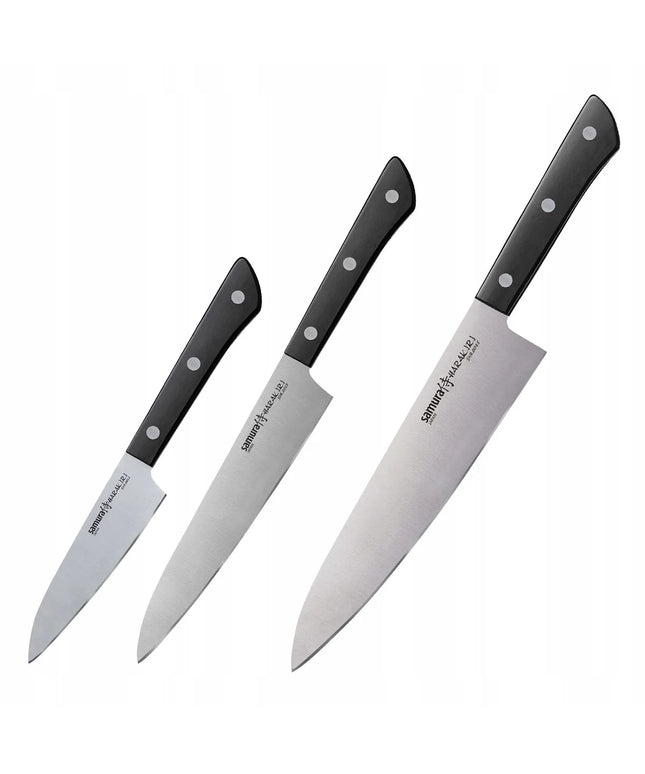 Samura Harakiri 3 virtuvinių peilių rinkinys: šefo peilis 208 mm, universalus peilis 150 mm, skutimo peilis 99 mm