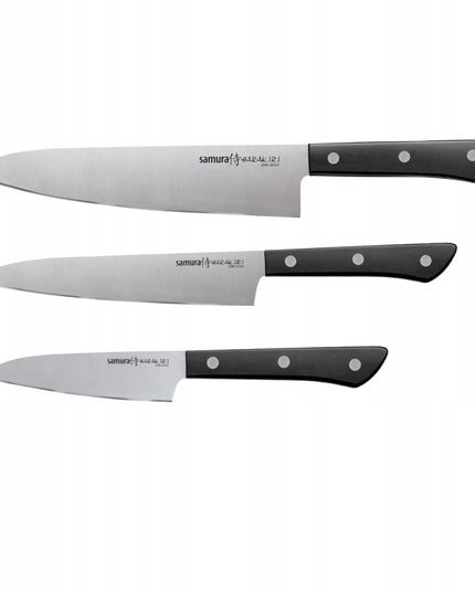 Samura Harakiri 3 virtuvinių peilių rinkinys: šefo peilis 208 mm, universalus peilis 150 mm, skutimo peilis 99 mm