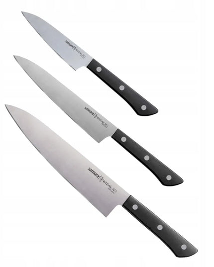 Samura Harakiri 3 virtuvinių peilių rinkinys: šefo peilis 208 mm, universalus peilis 150 mm, skutimo peilis 99 mm