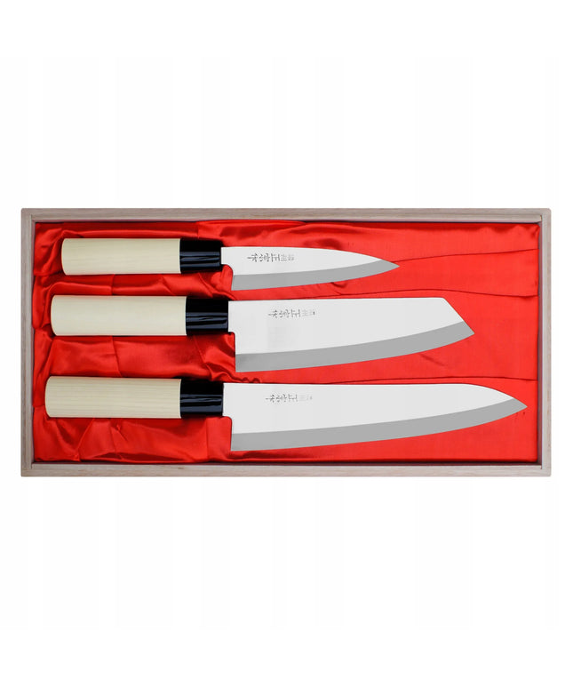 Satake Megumi 3 dalių peilių rinkinys: šefo, santoku ir universalus peilis (420J2 plienas)