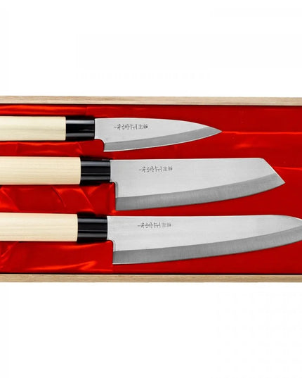 Satake Megumi 3 dalių peilių rinkinys: šefo, santoku ir universalus peilis (420J2 plienas)