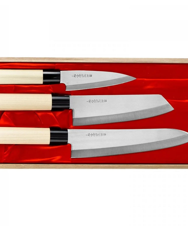 Satake Megumi 3 dalių peilių rinkinys: šefo, santoku ir universalus peilis (420J2 plienas)