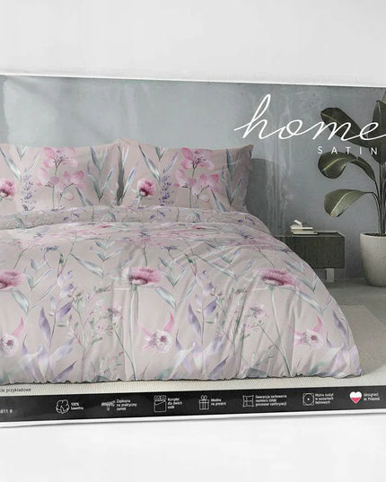 Satininė patalynė 220x200 pudros spalvos su pastelinėmis gėlėmis - 5811 B