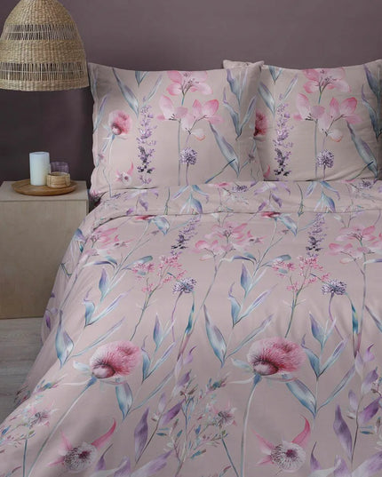 Satininė patalynė 220x200 pudros spalvos su pastelinėmis gėlėmis - 5811 B