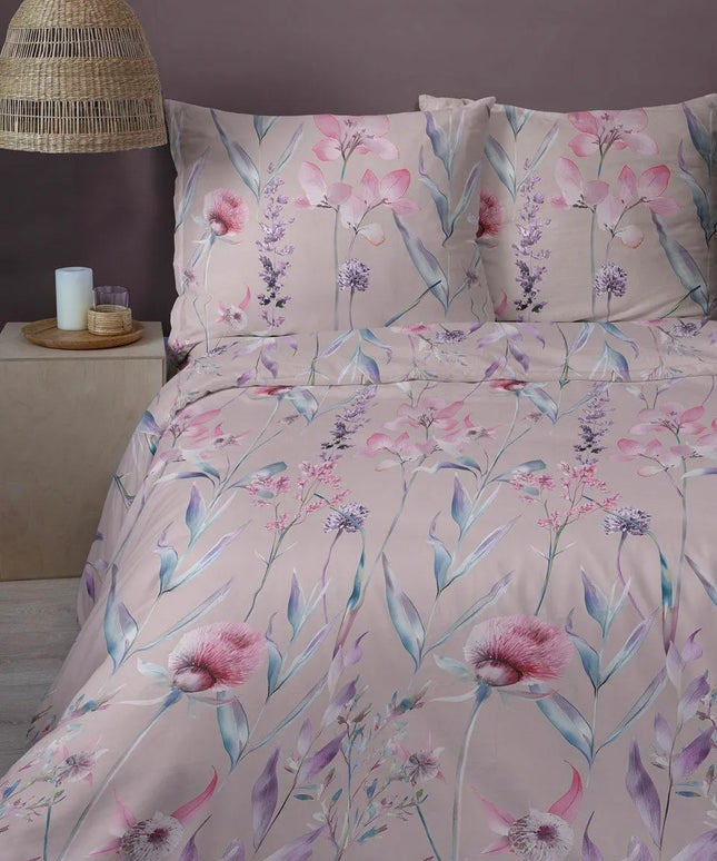 Satininė patalynė 220x200 pudros spalvos su pastelinėmis gėlėmis - 5811 B