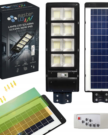 Saulės baterija maitinamas gatvių šviestuvas 360W = 3600W LED su judesio ir prieblandos jutikliu bei nuotolinio valdymo pulteliu