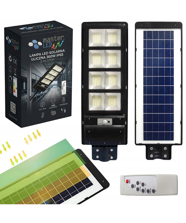 Saulės baterija maitinamas gatvių šviestuvas 360W = 3600W LED su judesio ir prieblandos jutikliu bei nuotolinio valdymo pulteliu