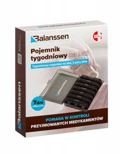 Savaitinė vaistų kasetė „Balanssen“, vaistų organizatorius, 3 laikai, 7 dienos, juoda su dėklu