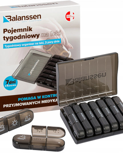 Savaitinė vaistų kasetė „Balanssen“, vaistų organizatorius, 3 laikai, 7 dienos, juoda su dėklu