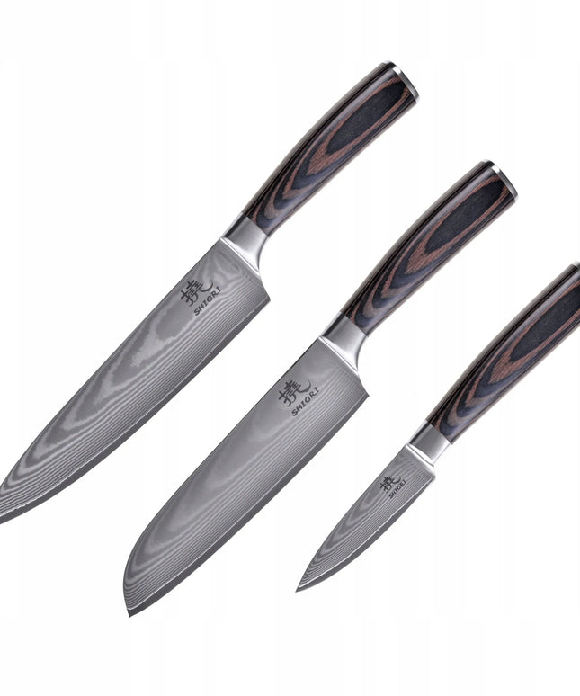Shiori 3 peilių rinkinys Chairo Shōto, Santoku ir Sifu iš Damasko plieno