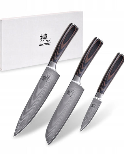 Shiori 3 peilių rinkinys Chairo Shōto, Santoku ir Sifu iš Damasko plieno