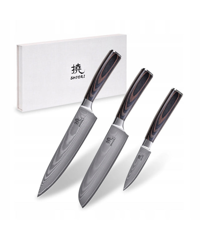 Shiori 3 peilių rinkinys Chairo Shōto, Santoku ir Sifu iš Damasko plieno