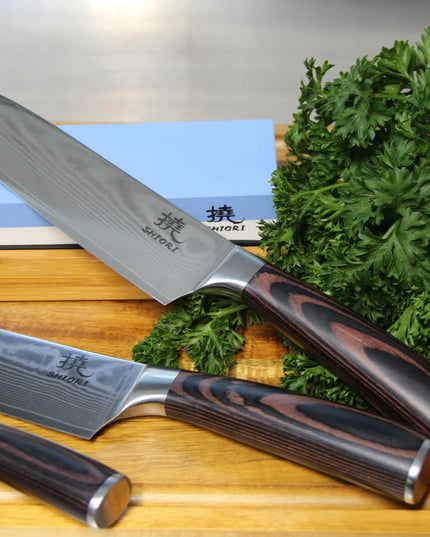 Shiori 3 peilių rinkinys Chairo Shōto, Santoku ir Sifu iš Damasko plieno