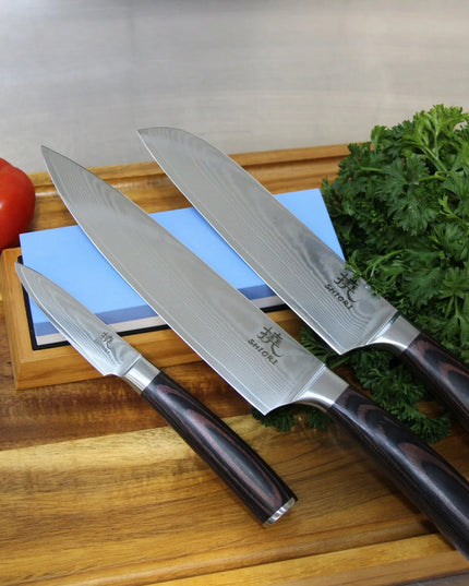 Shiori 3 peilių rinkinys Chairo Shōto, Santoku ir Sifu iš Damasko plieno