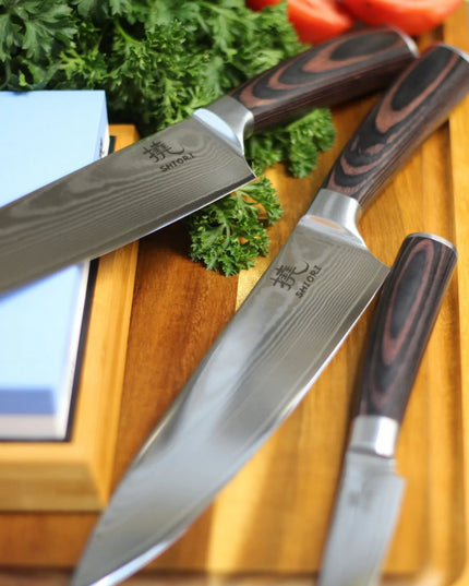 Shiori 3 peilių rinkinys Chairo Shōto, Santoku ir Sifu iš Damasko plieno