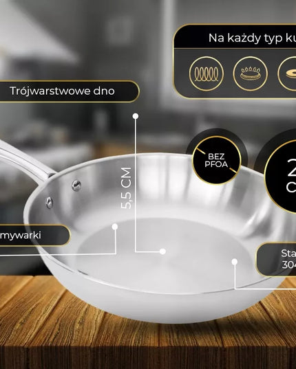 Shiori Stainless Steel 304 nerūdijančio plieno keptuvė be dangos indukcinei viryklei 24 cm