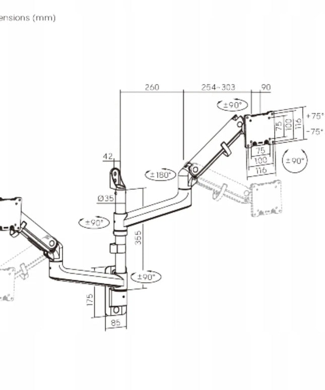 Sieninis laikiklis 2 monitoriams 24-57" 54kg VESA 100x100/75x75, dujinis, Spacetronik