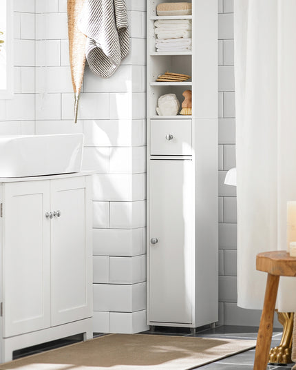 Aukšta Vonios Spintelė su Lentynomis ir Durelėmis, Balta - SoBuy BZR34-W