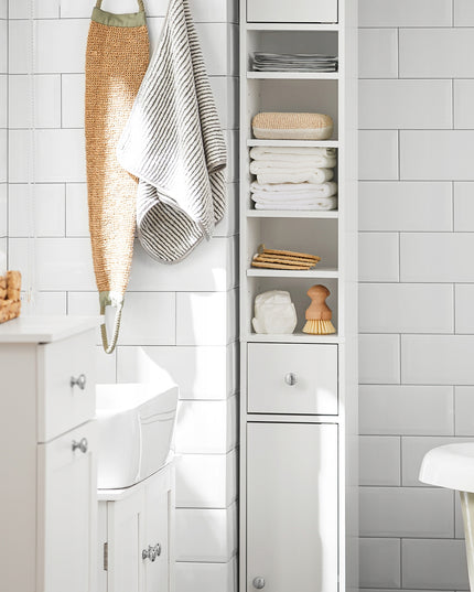 Aukšta Vonios Spintelė su Lentynomis ir Durelėmis, Balta - SoBuy BZR34-W