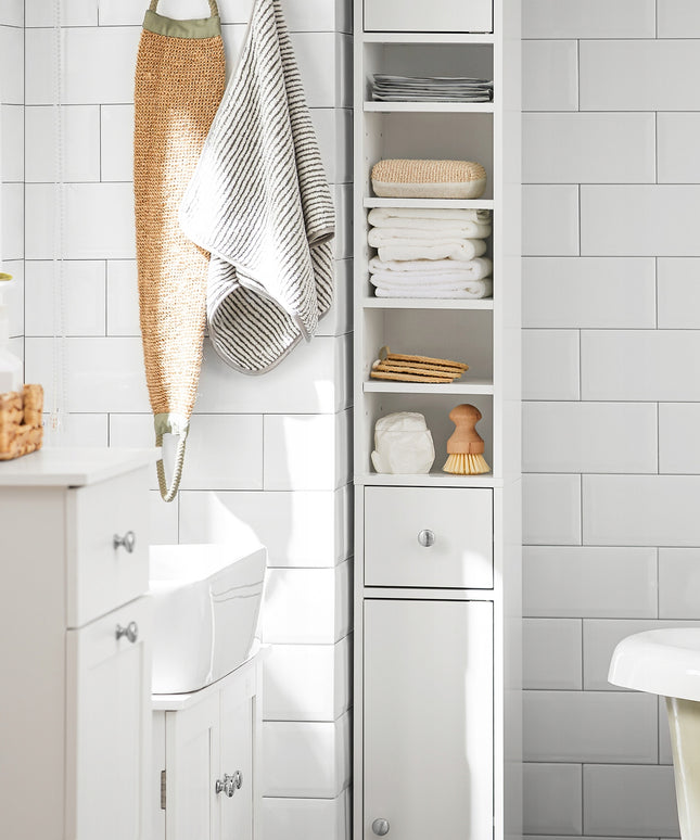 Aukšta Vonios Spintelė su Lentynomis ir Durelėmis, Balta - SoBuy BZR34-W