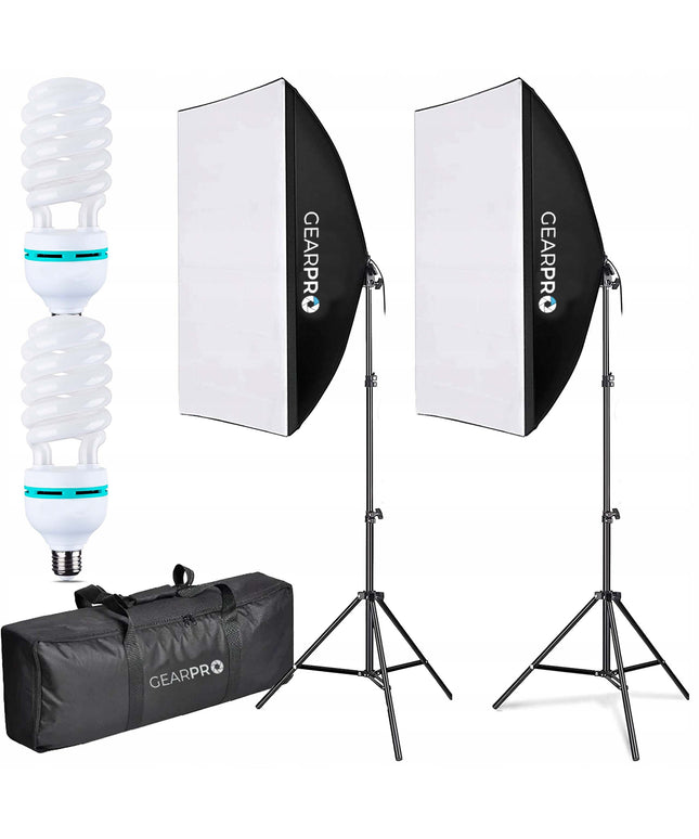 Profesionalus 2x Softbox apšvietimo rinkinys fotografijai ir filmavimui 600W 50x70cm su stovu ir transportavimo krepšiu – GearPro