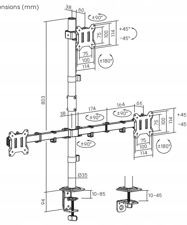 Spacetronik SPA132 trijų monitorių piramidinis laikiklis 17-32 colių 30kg VESA