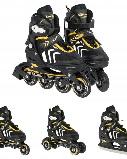 SporTrike 4-in-1 riedučiai ir pačiūžos, reguliuojami, 29-33 dydis, juodi/geltoni