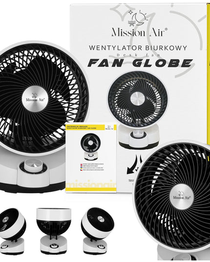 Stalinis ventiliatorius Mission Air GLOBE 50W, tylus ir galingas stalinis cirkuliatorius su osciliacija