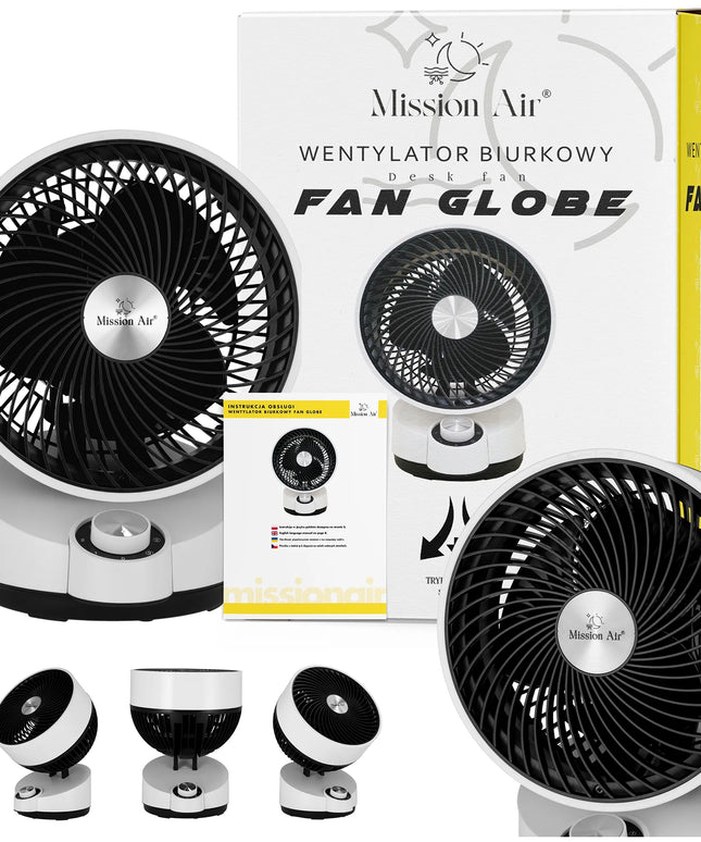 Stalinis ventiliatorius Mission Air GLOBE 50W, tylus ir galingas stalinis cirkuliatorius su osciliacija
