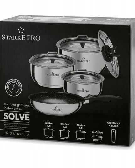 Starke Pro Solve plieninių puodų ir keptuvių rinkinys su nuimama rankena